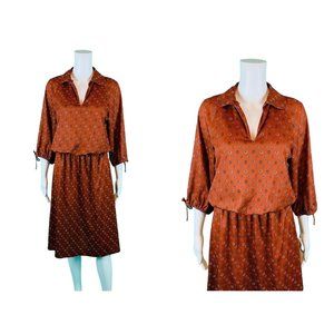 Vintage 70s Day Dress Women's Medium Brown Printed Tied Sleeve Stretch Waist